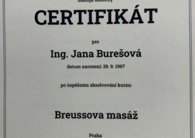 Certifikace pro Janu Burešovou potvrzující absolvování kurzu Breussova masáž