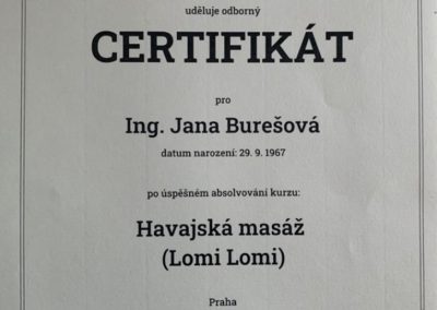 Certifikace pro Janu Burešovou potvrzující absolvování kurzu Havajská masáž Lomi Lomi