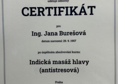 Certifikace pro Janu Burešovou potvrzující absolvování kurzu Indická masáž hlavy