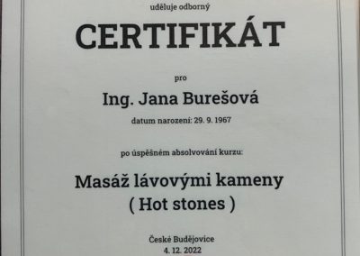 Certifikace pro Janu Burešovou potvrzující absolvování kurzu Masáž lávovými kameny
