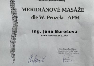 Osvědčení pro Janu Burešovou potvrzující absolvování kurzu Meridiánové masáže