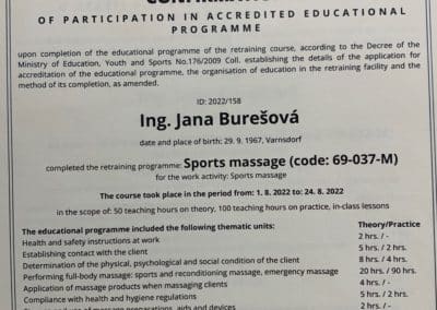 Atestace pro Janu Burešovou na Sportovní masáž