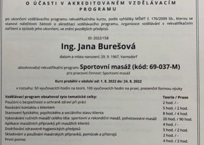 Atestace pro Janu Burešovou na Sportovní masáž