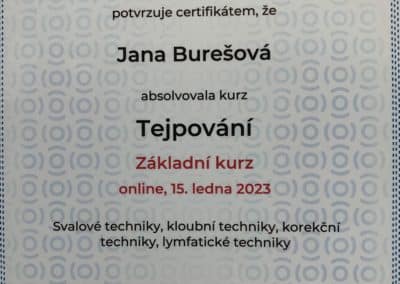 Certifikace pro Janu Burešovou potvrzující absolvování kurzu Tejpování